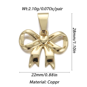 Gold-plated copper bow pendant 28x22mm for DIY necklaces and earrings jewelry making