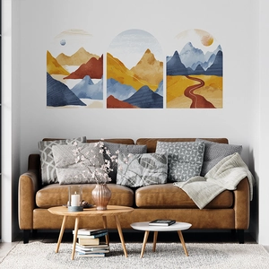 Stickers muraux bohèmes en arche avec paysages de montagne et géométrie minimaliste