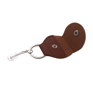 Brown leather guitar pick case keychain with a small electric guitar pendant detail