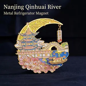 Fridge Magnet Souvenir Zinc Alloy Metal Enamel 3D Relief Crescent Shape Movable Boat Traditional Chinese Style Home Decor