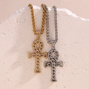 Iced out gold and silver Ankh cross pendants with twisted chains for men hip hop style