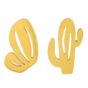 Detailed view of minimalist gold cactus stud earrings with a polished metallic finish