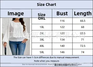 Size chart for women plus size elegant white long sleeve blouse ranging from 0XL to 5XL