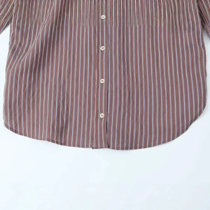 Women's loose striped poplin shirt in brown and navy stripes with button-down closure