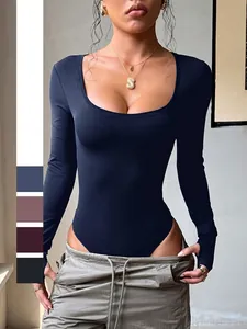 Women Long Sleeve Bodysuit Square Neck Slim Fit Knitted Polyester Sporty Yoga Jumpsuit Top