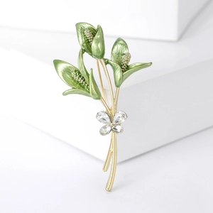 Elegant olive green flower bouquet brooch with sparkling crystal butterfly and gold plating