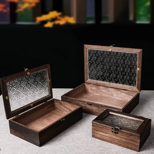 Vintage wooden storage boxes with begonia floral embossed glass lids and bronze clasps