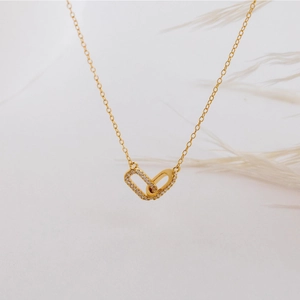14k gold plated interlocking circle pendant necklace with white zircon pavé and O-chain