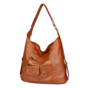 Brown vintage faux leather crossbody bag with multiple zip pockets and side view