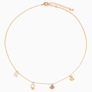 Detail of space-themed charms featuring rocket, planet, and UFO on a gold plated chain