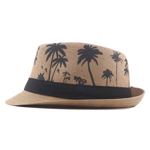 Men's khaki straw fedora hat with black palm tree prints and ribbon for summer beach