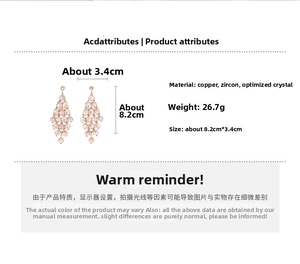 Detailed view of rhinestone long tassel earrings with dimensions 8.2cm by 3.4cm