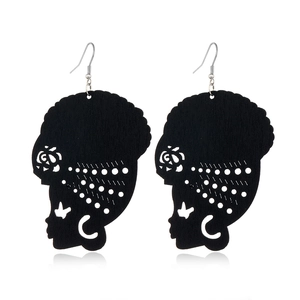 Fashionable black wooden earrings with hollow African woman silhouette and afro hairstyle