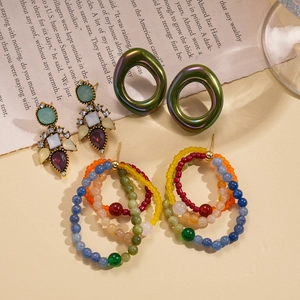 Set of vintage style rhinestone beaded drop earrings and colorful hoops for women