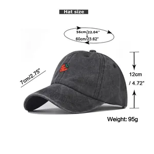 Size chart for washed cotton baseball cap with strawberry embroidery and measurements