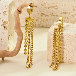 Elegant gold stainless steel multi-strand tassel earrings with bead and link chains