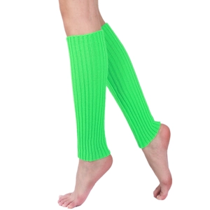 Detail of neon green ribbed knit leg warmer on model with soft texture close-up