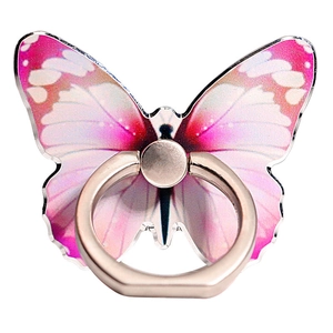 Close-up of pink and white butterfly phone ring holder with a rose gold metal stand