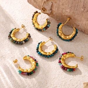 Detailed close-up of retro 18k gold plated C-shape earrings with colorful stone beads