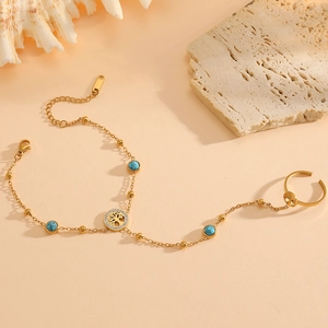 Gold plated stainless steel hand chain bracelet with turquoise beads and tree of life charm
