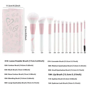 Detailed size chart for 12pcs makeup brush set with marble handles and pink storage case