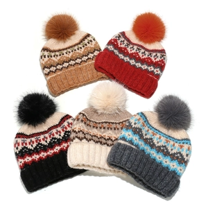 Women Winter Beanie Hat Acrylic Knit Fair Isle Geometric Pattern With Faux Fur Pom-pom Warm Nordic Style