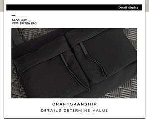 Detailed macro view of nylon messenger bag pockets with secure drawstring zippers