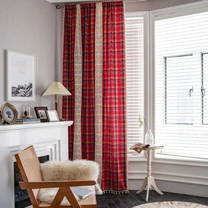 Red plaid Christmas curtains with lace stitching and tassels for home living room