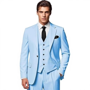 Slim fit light blue three-piece men's business suit with blazer, vest and trousers