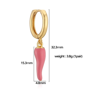 Pink enamel chili pepper earrings in gold finish with precise product size dimensions