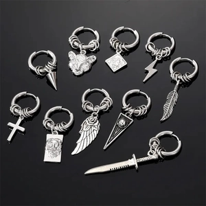 Stainless Steel Hoop Earrings With Cross Lion Head Dagger Feather Lightning Pendants Punk Gothic Vintage Jewelry Unisex