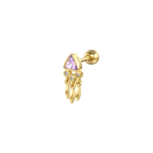 French vintage S925 silver stud earring with purple triangle gem and tassel