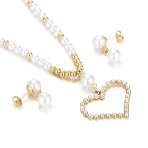 Parure de bijoux coeur doré avec collier et boucles d'oreilles ornés de perles blanches