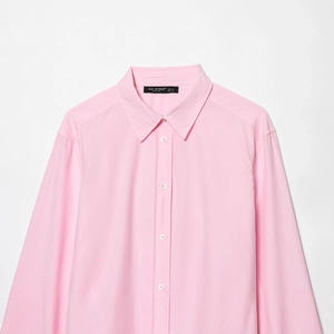 Minimalist light pink poplin long sleeve shirt for women shown in a flat lay view