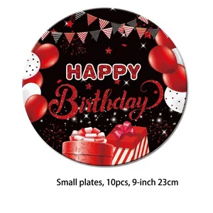 Detail of 9-inch black and red Happy Birthday paper plates for party tableware sets