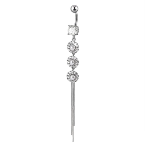 Long tassel belly button ring with sparkling zircon and pearl accents in silver finish