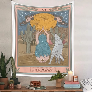 Macro detail of The Moon tarot tapestry showing intricate occult artwork and textures