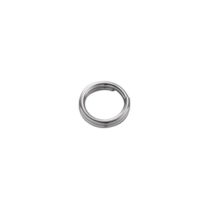 Close-up of a silver stainless steel double-loop key ring on a clean white background