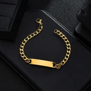 Gold titanium steel Cuban link bracelet with engravable ID plate for men and women