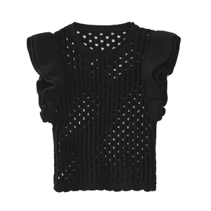 Haut sans manches en tricot noir pour femme avec détails ajourés et volants élégants aux épaules