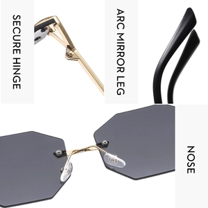 Detailed views of gold secure hinges, curved mirror legs and nose pads on rimless sunglasses