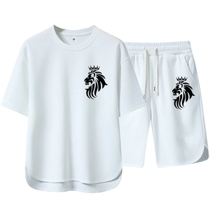 Men's summer white two-piece set featuring short sleeve t-shirt with lion crown print