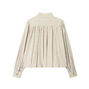 Beige Damenbluse mit Stehkragen, langen Ärmeln und eleganten Falten auf der Rückseite