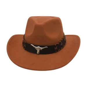 Chapeau de cowboy marron en feutre de laine avec bande en cuir noir et tête de taureau argent