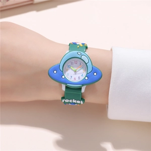 Detail of children's cartoon watch with rocket patterns and 3D silicone strap elements