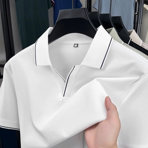 Herren Kurzarm Polo Shirt Gestrickt Lyocell Baumwollmischung Kontraststreifen V-Ausschnitt Casual Business Tops