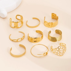 Bracelet Jonc Ouvert Doré Femmes Acier Inoxydable Rétro Géométrique Texturé Manchette Ajustable