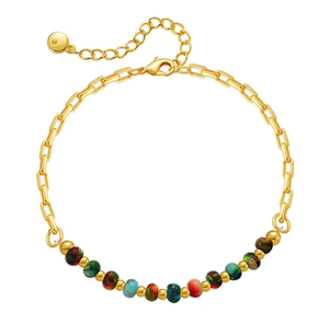 Bohemian 18K gold plated bracelet with colorful natural stone beads and link chain