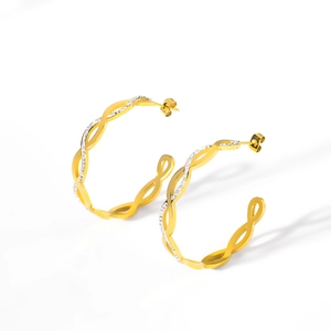 Twisted C-shaped 18k gold-plated hoop earrings with pave diamonds for women