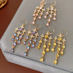Luxury Vintage Tassel Earrings With Alloy Rhinestone Heart Cross Star Water Drop Crystal 925 Sterling Silver Earring Post For Women